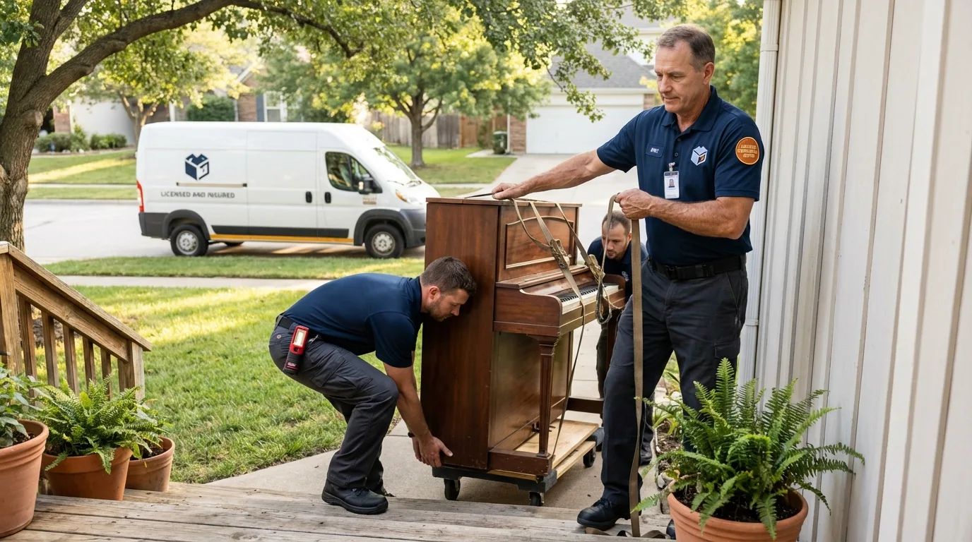 Licensed piano movers securing grand piano in Dundee, NY