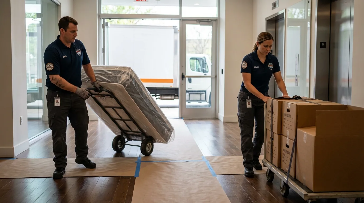 Professional apartment movers loading elevator in Dundee, NY