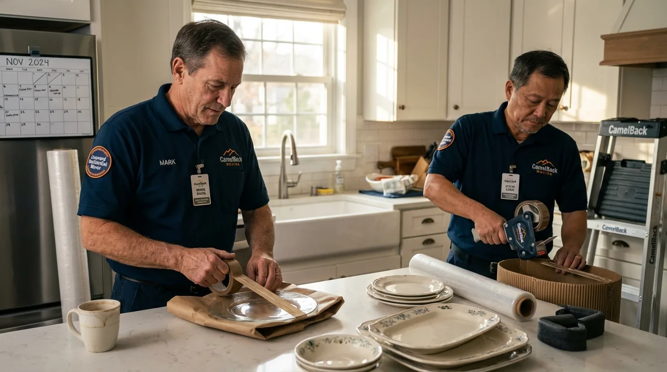 Professional crew packing kitchen dishware in Dundee, NY
